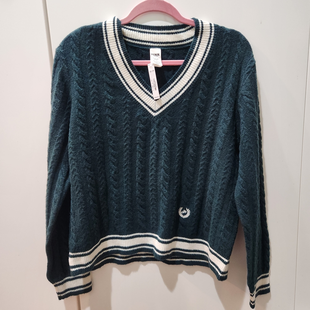 PINK Victoria's Secret Green Sweater with White Trim